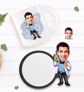 BK Gift Kişiye Özel Erkek Kimya Öğretmeni Karikatürlü Beyaz Kupa ve Ahşap Bardak Altlığı Hediye Seti-3