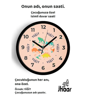 İsme Özel Renkli Dinozor Desenli Çocuk Odası Duvar Saati Orta Boy 30 cm Siyah Camlı Sessiz