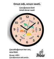 İsme Özel Renkli Dinozor Desenli Çocuk Odası Duvar Saati Orta Boy 30 cm Siyah Camlı Sessiz