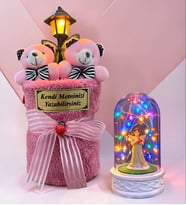 Size Özel Sokak Lambalı Peluş Ayıcık Buketi ve Renkli Işıklı Fanus (Model 5)