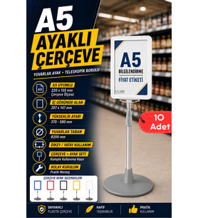 10 Adet - A5 Ayaklı Menü ve Fiyat Bilgi Standı Yuvarlak Tabanlı Teleskopik Çerçeve Etiketlik Beyaz