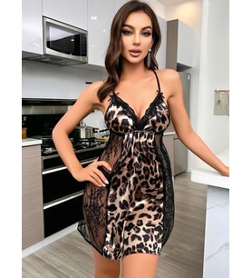 Mulvxbrf Brf02 Kadın Siyah Dantel Detaylı Leopar Saten Gecelik 2223 (Mulvix)