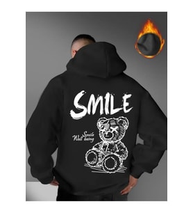 Unisex Oversize Smile Yazılı Hoodie – Trend Streetwear Kapüşonlu Sweatshirt (Siyah)