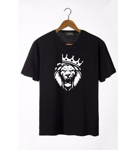 Erkek Siyah Aslan Baskılı Bisiklet Yaka Oversize Rahat Kalıp Basic T-Shirt 22Y-3400761-2