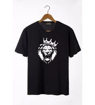 Erkek Siyah Aslan Baskılı Bisiklet Yaka Oversize Rahat Kalıp Basic T-Shirt 22Y-3400761-2