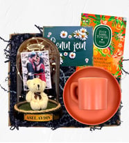 İsimli Fotoğraflı ve Işıklı Fanus & Turuncu Kahve Fincanı  Kişiye Özel Premium Set (Model 10)