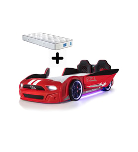 Kırmızı Arabalı Yatak Kapıları Açılan Mustang Full Ledli Kumandalı ve Müzikli + Ortopedik Yatak