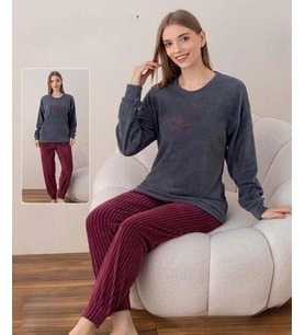 Boyraz Kadın Kışlık Bisiklet Yaka Soft Kadife Pijama Takımı 07037 - 1 Adet (Füme)