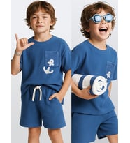 Erkek Çocuk Takım Havlu Kumaş Oversize T-shirt & Şort – Çapa Takım 7-12 Yaş (Mavi)