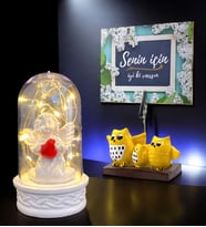 Led Işıklı Beyaz Melekli Fanus ve Baykuş Not Tutucu Hediye Seti  Senin İçin Hediye Kartlı