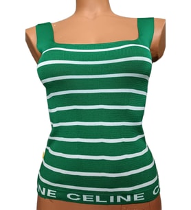Yeşil Beyaz Çizgili Kare Yaka Atlet Triko Bluz Crop S / M / L Beden Uyumlu