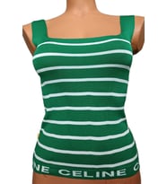 Yeşil Beyaz Çizgili Kare Yaka Atlet Triko Bluz Crop S / M / L Beden Uyumlu