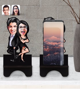 BK Gift Kişiye Özel Sevgililer Karikatürlü Ahşap Biblo Telefon Standı-6