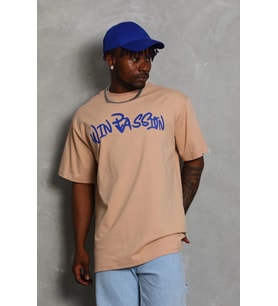 Erkek Baskılı Tişört Kısa Kol Bisiklet Yaka Oversize T-Shirt - Bej