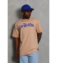 Erkek Baskılı Tişört Kısa Kol Bisiklet Yaka Oversize T-Shirt - Bej