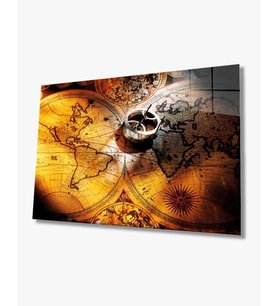 klasik Eski Dünya Haritası 4mm Dayanıklı Cam Tablo Temperli Cam, World Map