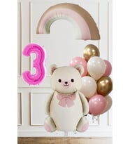 3 Yaş Doğum Günü Krem Papyonlu Ayı Pembe Gökkuşağı ve 10 Balonlu Balon Seti (03)