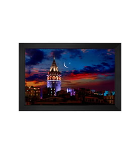 Galata Kulesi ve Gece Motifli Kanvas Tablo 50 x 70 cm Siyah Çerçeve