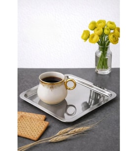 6 Adet Lüx Kare Paslanmaz Çelik Sunum Tepsini 21x21cm Kahve Servis Sunum Tepsisi & Tabağı (Gümüş)