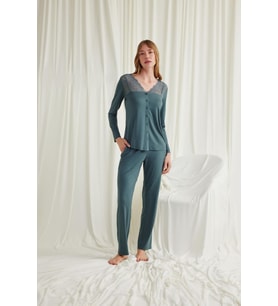 Mulvxbrf Brf02 Yakası Omzu Ve Paçası Dantelli Boydan Düğmeli Pijama Takımı (Mulvix)