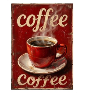 Kırmızı Fincanlı Vintage Coffee Tabelası Dekoratif Kanvas - Mdf Ahşap Tablo