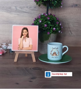 Baykuş Fotoğraflı Dekoratif Taş, Ahşap Altlıklı Türk Kahvesi Fincanı Hediye (Model 9)