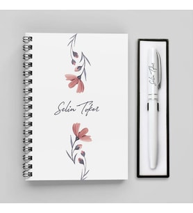 Sade Çiçek Desenli Defter ve Kalem Seti