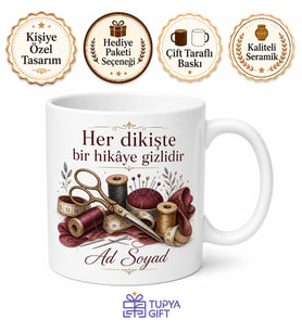 Terzi Dikiş İğnesi Mezura Kumaş Kesimi Tam Ölçü Kupa Hediye Bardak