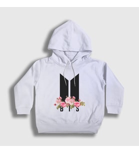 Presmono Unisex Çocuk Beyaz Flowers Bts Kapüşonlu Sweatshirt 22149tt