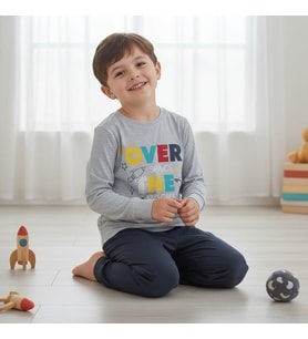 Erkek Çocuk Pamuklu Over The Moon Baskılı Uzun Kollu 2'li Takım CB1086