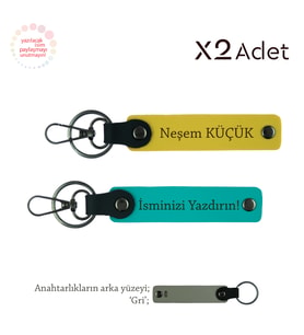 Arkadaşa 14 Şubat Hediyesi, İsimli & Soyisimli 2’li Anahtarlık Seti, Koyu Turkuaz-Sarı-Gri