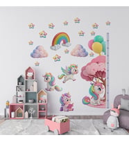 Unicorn Temalı Boy Ölçerli Duvar Sticker Seti  Sökülebilir, Mat Yüzey, Çocuk Odası