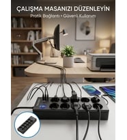 Akım Korumalı 10'lu Çoklu Priz USB-A ve Type-C Şarj Çıkışlı