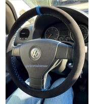 Volkswagen Polo 2017 > Dikmeli Direksiyon Kılıfı Alcantara Nubuk Mavi Yüzüklü