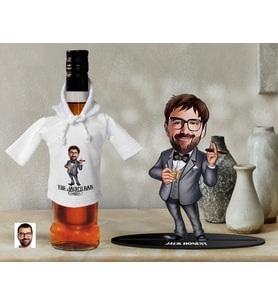 BK Gift Kişiye Özel Karikatürlü 3D Ahşap Biblo ve Beyaz Mini İçki Şişesi Tişörtü Hediye Seti, Arkadaşa Hediye, Sevgiliye Hediye-14