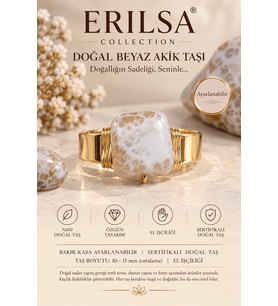 Sertifikalı Beyaz Akik Taşı Doğal Taş Yüzük Bakır Kasa Gold Kaplama Ayarlanabilir