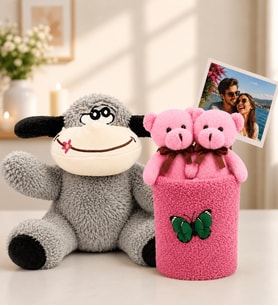 Kişiye Özel Fotoğraflı 2'li Peluş Ayıcık Buketi ve Peluş Eşek Hediye Seti