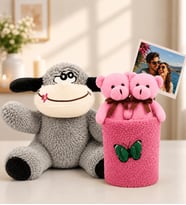 Kişiye Özel Fotoğraflı 2'li Peluş Ayıcık Buketi ve Peluş Eşek Hediye Seti