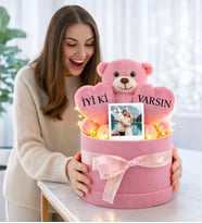 Kişiye Özel Fotoğraflı İyi ki Varsın Tasarımlı Peluş Ayıcık Buketi (Pembe)
