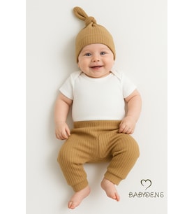 BABYDEN'S 3'lü Bebek Takımı %100 Pamuklu Fitilli Ribana Kumaş Kısa Kol Çıtçıtlı Body, Pantolon ve Şapka Seti (Beyaz - Kahverengi)