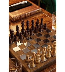 Premium Lüks Ahşap Taşlı Satranç Takımı Silver Özel Tasarım Dekoratif VIP Hediyelik Set 25x25 cm