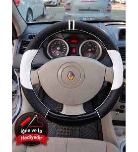Renault Megane 2 Dikme Direksiyon Kılıfı Delikli Deri Parlak Siyah Beyaz Detay Çift Yüzük ve Dikiş 2002-2010
