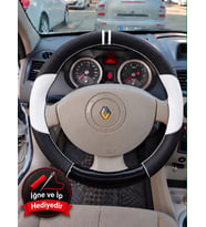 Renault Megane 2 Dikme Direksiyon Kılıfı Delikli Deri Parlak Siyah Beyaz Detay Çift Yüzük ve Dikiş 2002-2010