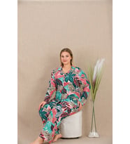 Amora Secret Büyük Beden Renkli Yaprak Desenli Düğmeli Uzun Kol Viskon Pijama Takımı
