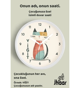 İsme Özel Kedi Çocuk Odası Duvar Saati Orta Boy 30 cm Beyaz Camlı Sessiz