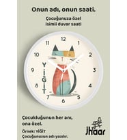 İsme Özel Kedi Çocuk Odası Duvar Saati Orta Boy 30 cm Beyaz Camlı Sessiz