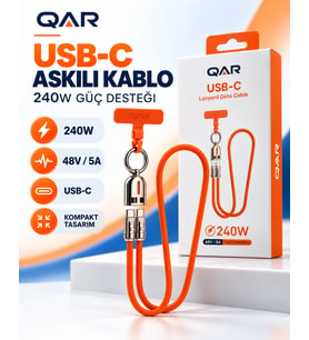 QAR USB-C to USB-C Askılı Şarj ve Data Kablosu 240W 48V 5A Hızlı Şarj Örgülü Boyun Askılı Telefon Askı Aparatlı Turuncu