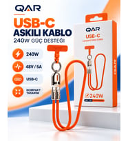 QAR USB-C to USB-C Askılı Şarj ve Data Kablosu 240W 48V 5A Hızlı Şarj Örgülü Boyun Askılı Telefon Askı Aparatlı Turuncu