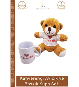 #AyıcıkSeti Love Baskılı Tişörtlü Peluş Kahverengi Porselen Hediye Ayıcık Kupa Bardak Seti