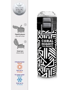 Coral High 500 ml Paslanmaz Çelik Okul Termosu/Suluk/Matara - Erkek Çocuk - SiyahBeyaz Geometrik Desenli  - Sızdırma Yapmaz
